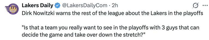 诺维茨基警告其他球队：湖人三巨头成季后赛最